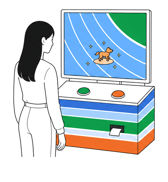 A participant watches a small animal character appear in the middle of the track screen.