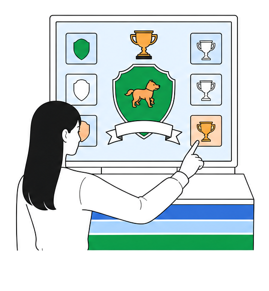 A finger selects a background or trophy option beside a shield-shaped emblem.