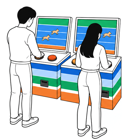Two participants at adjacent machines press their buttons in the same race.
