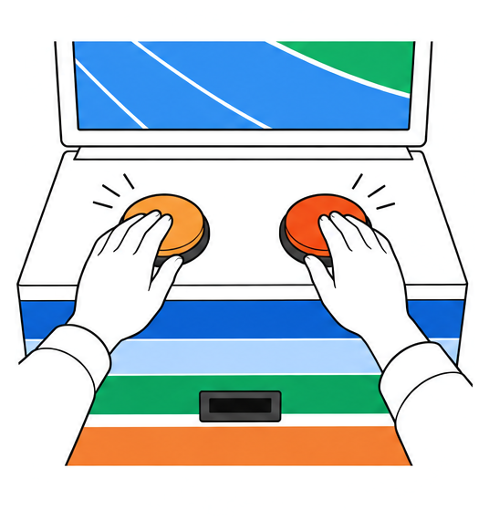 Two hands rapidly press the console’s large buttons.