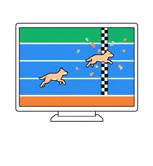 One of two animal characters crosses the checkered finish line first.