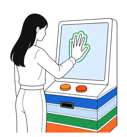 A participant places their palm on the green hand symbol on screen.