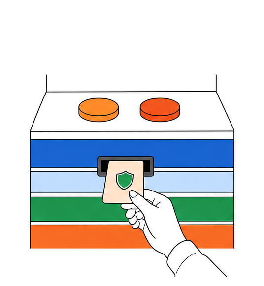 A hand retrieves a card from the front output slot.