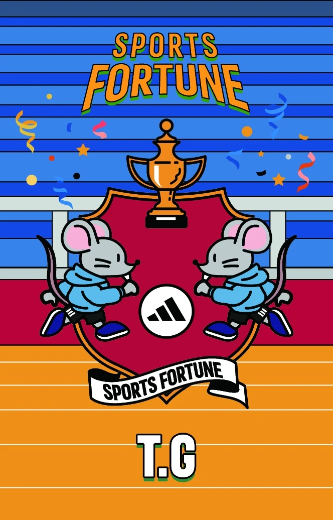 Card front printed with a red shield supported by two rat zodiac characters and the nickname T.G