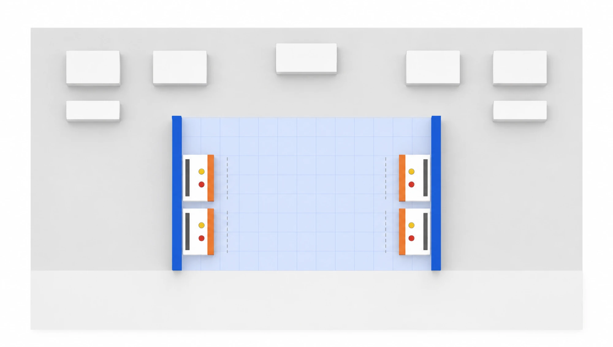 Game zone top-view model: two graphic walls flank an LED floor leading from the store aisle, with two machines on each side facing inward. Store areas surround the top and sides.