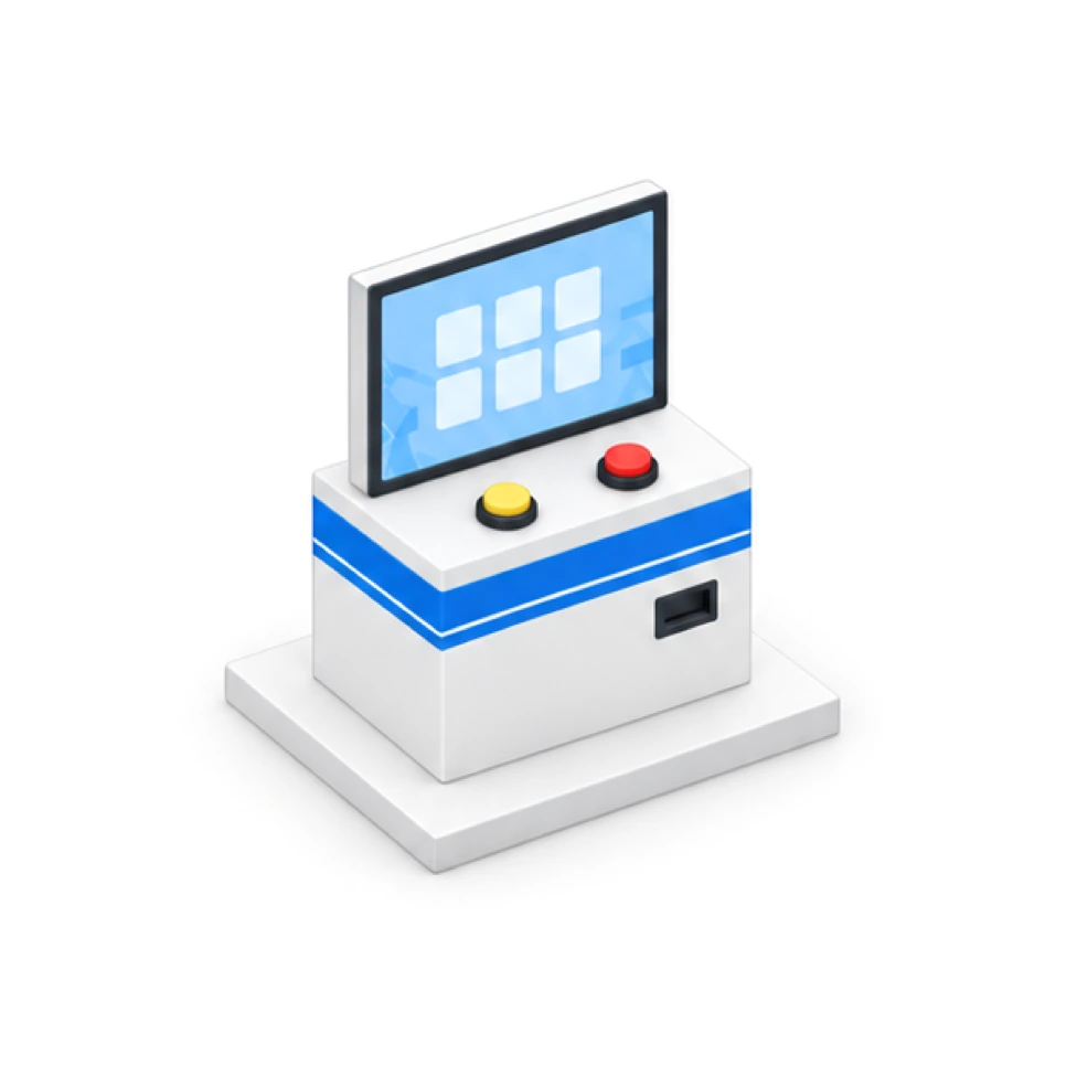 White arcade machine model with a numeric keypad on screen