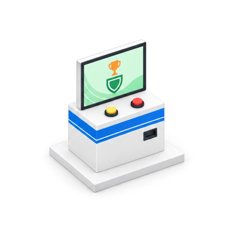 The same machine model displaying a green shield emblem and trophy