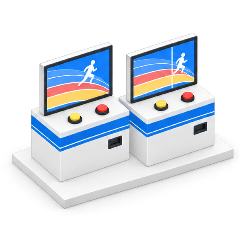 Two adjacent arcade machine models displaying tracks and running characters
