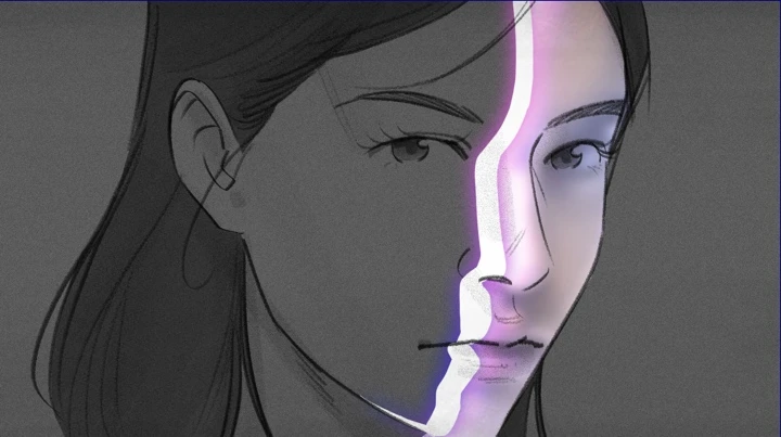 絵コンテ：顔を通る一筋の光を境に、モノクロからカラーへ変化する場面