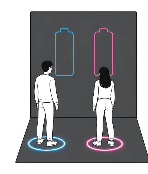 Illustration of two people on blue and pink floor circles with two empty batteries on the wall