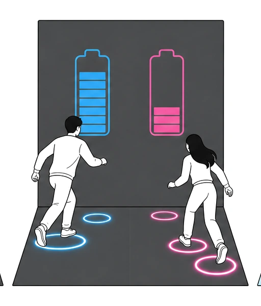 Illustration of two people stepping on small floor circles as batteries on the wall fill up