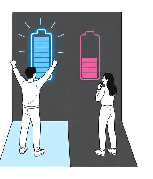 Illustration of a person celebrating with both arms raised beneath a fully charged blue battery