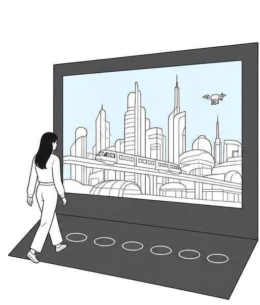 Illustration of a person walking along six floor circles in front of a cityscape wall