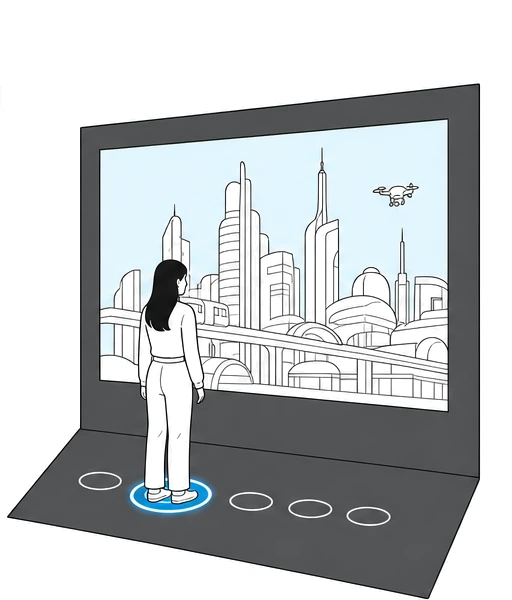 Illustration of a person standing on the third circle, glowing blue beneath their feet