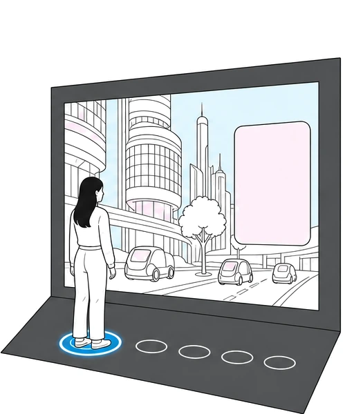 Illustration of a wall zoomed into a street scene, with a blank information panel beside it