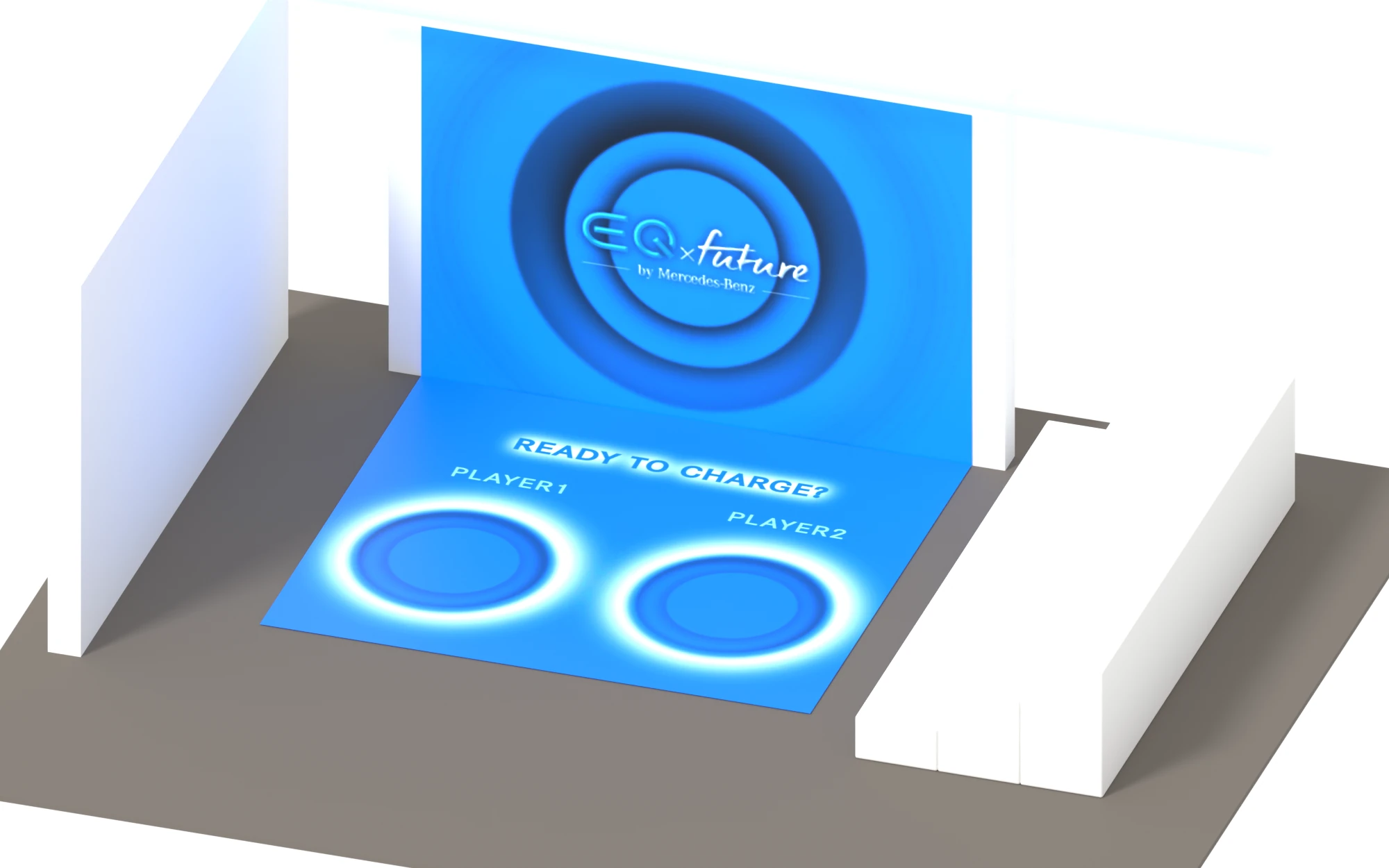 White model of the interactive stage: EQ future on the front LED wall, two glowing starting circles on the LED floor and tiered seating on the right.