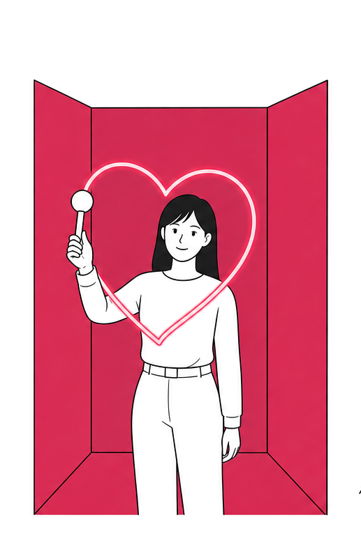 붉은 벽의 부스 안에서 아미밤을 든 방문객 앞에 빛의 하트가 그려진 장면
