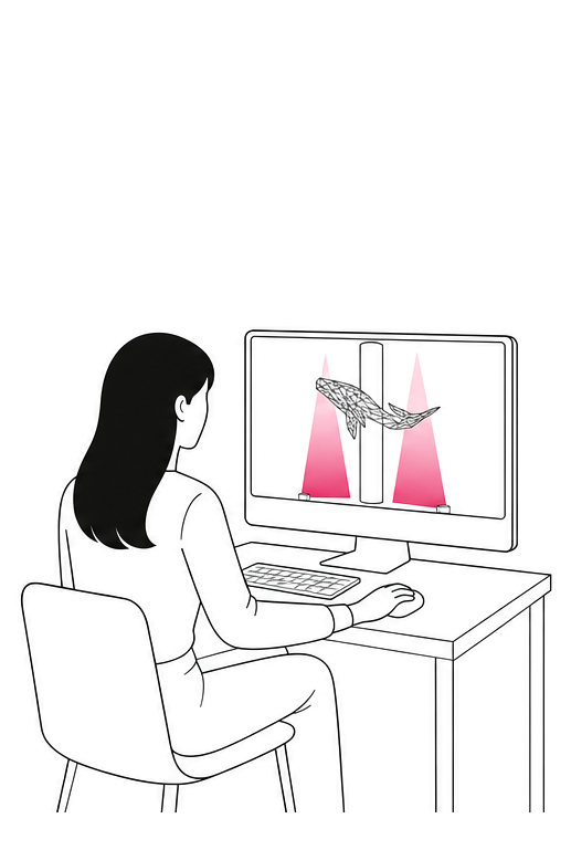 모니터 앞에 앉아 기둥 양쪽의 부채꼴 빔과 선 고래가 그려진 화면을 보는 사람