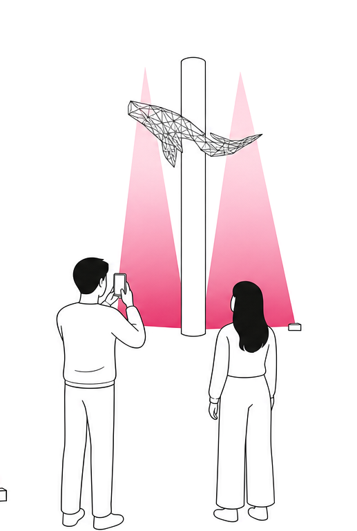 고래와 빔을 올려다보는 두 방문객. 한 사람은 휴대전화로 사진을 찍는다.