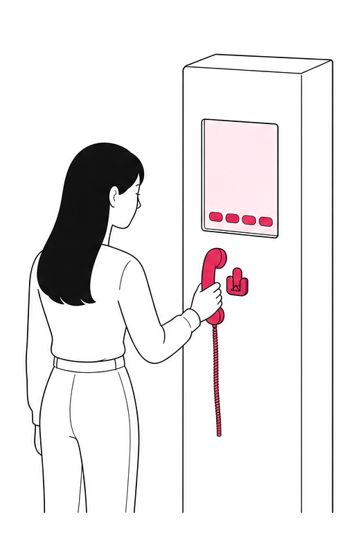 태블릿이 달린 기둥형 부스 앞에서 수화기를 들어 올리는 방문객