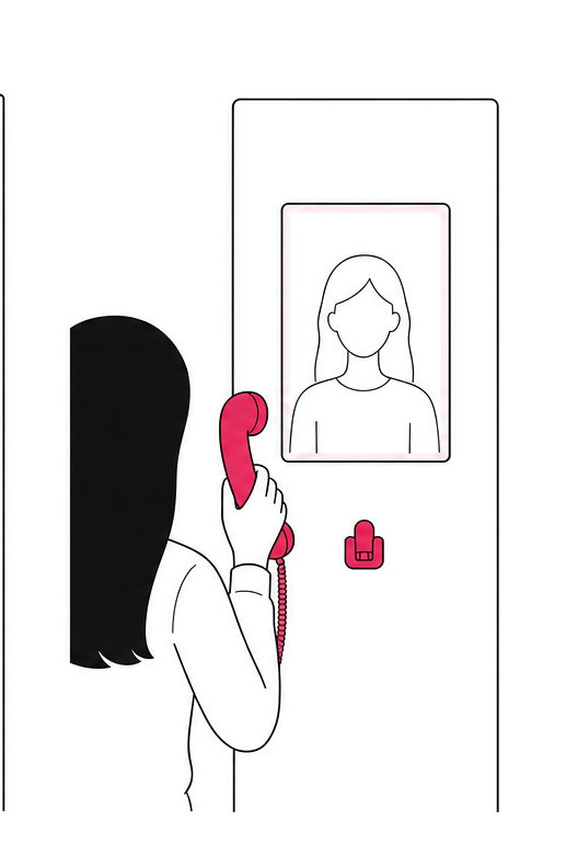 태블릿 화면에 사람의 상반신이 나타나고 방문객이 수화기를 든 장면