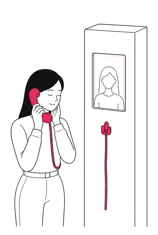 수화기를 귀에 대고 눈을 감은 채 듣는 방문객