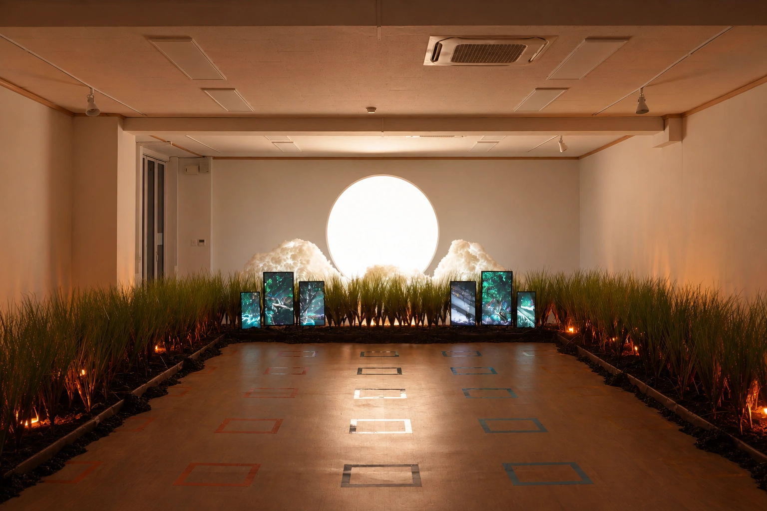三方の壁に沿って葦の花壇が続き、奥の壁に月が浮かぶ展示室。