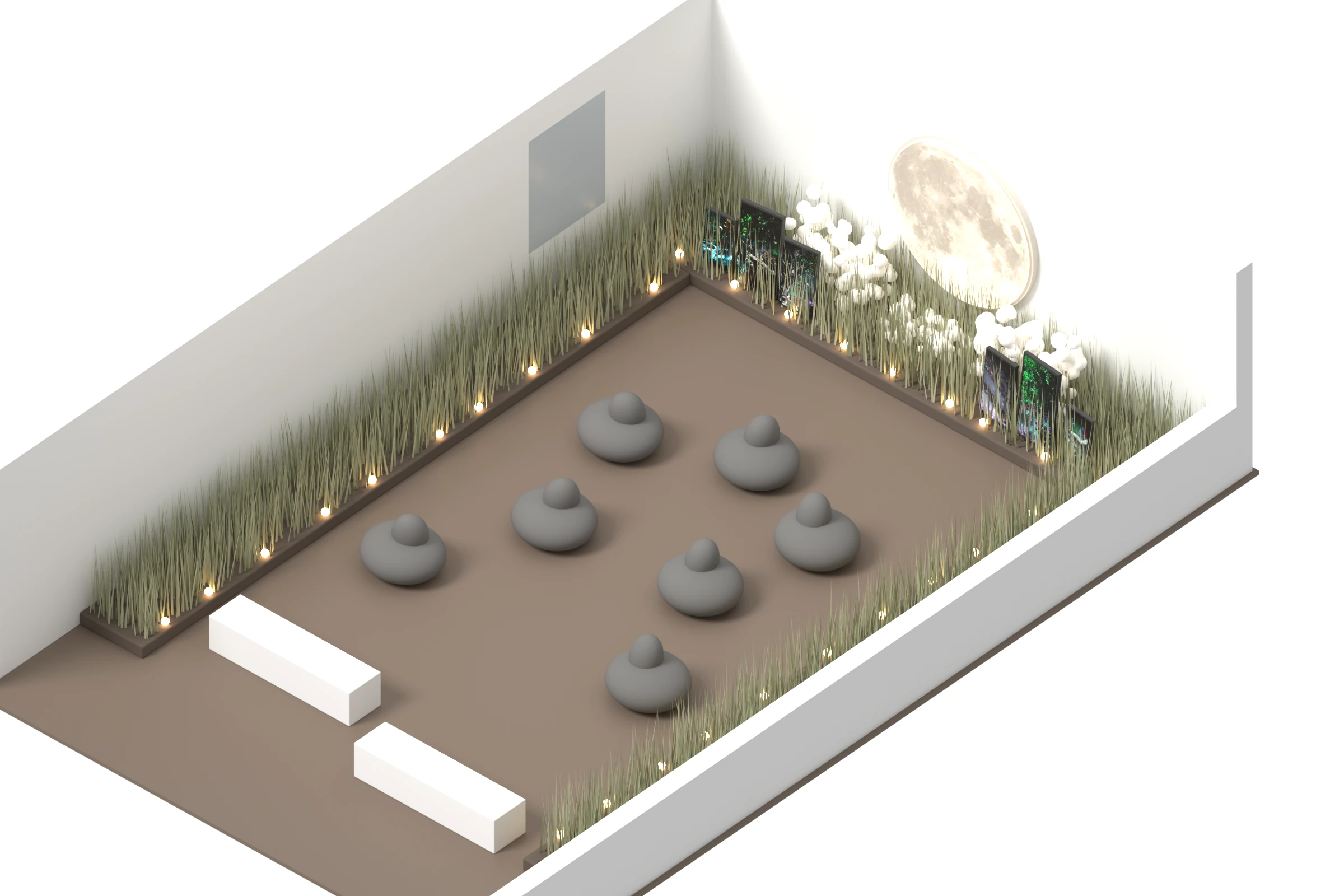 Organic Galleryの空間模型。短辺側の壁に月と雲、左右の葦の間に縦型画面を3台ずつ配置。三方の壁沿いには葦の花壇と小さな電球、中央にはビーズクッション、入口側には白い台座が二つある。