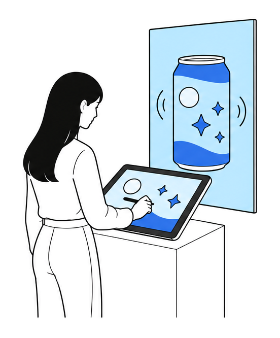 스타일러스로 그리는 관람객과 뒤의 세로 화면에서 같은 무늬로 도는 3D 캔