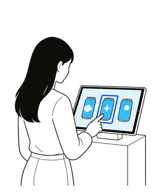 작은 태블릿에서 캔 디자인 세 개 중 하나를 고르는 손가락