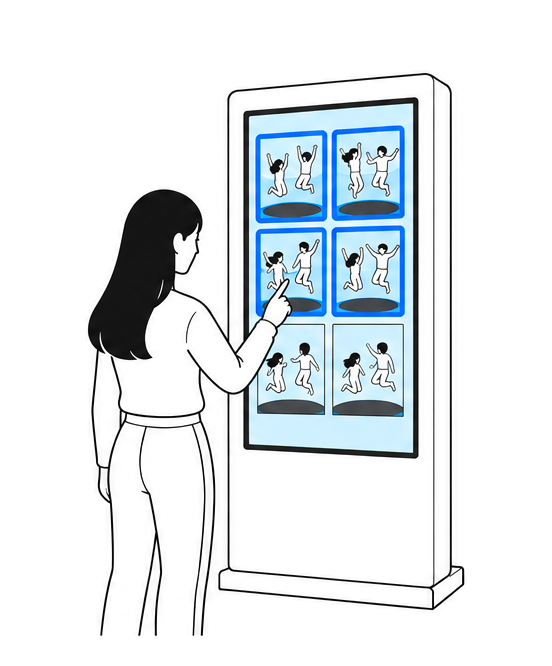 세로 키오스크의 사진 격자에서 네 장을 고르는 관람객