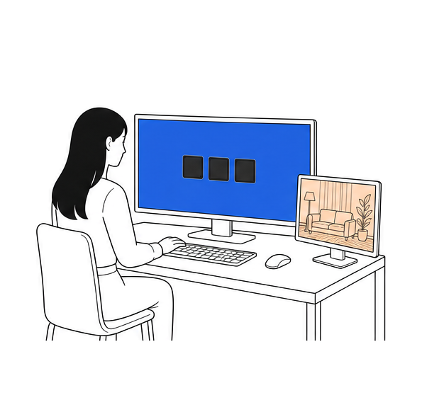 초광폭 모니터에 파란 화면 레이아웃을 띄우고 작업하는 사람