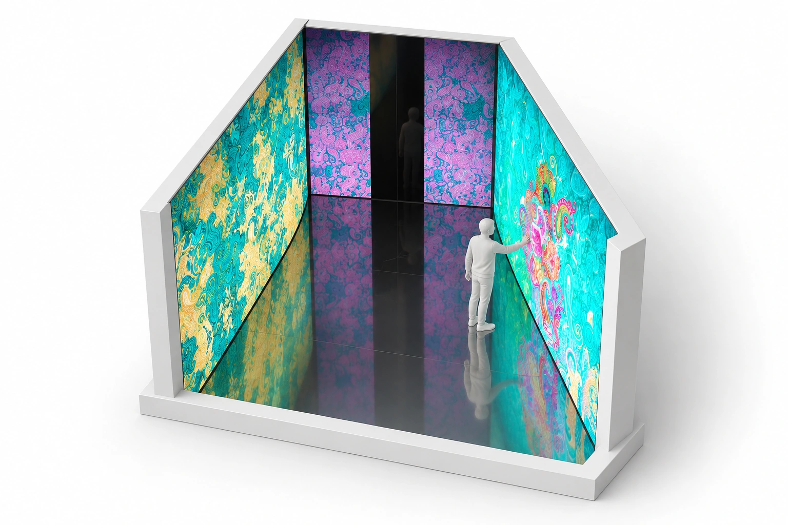 A paisley experience space formed by two walls and a reflective floor