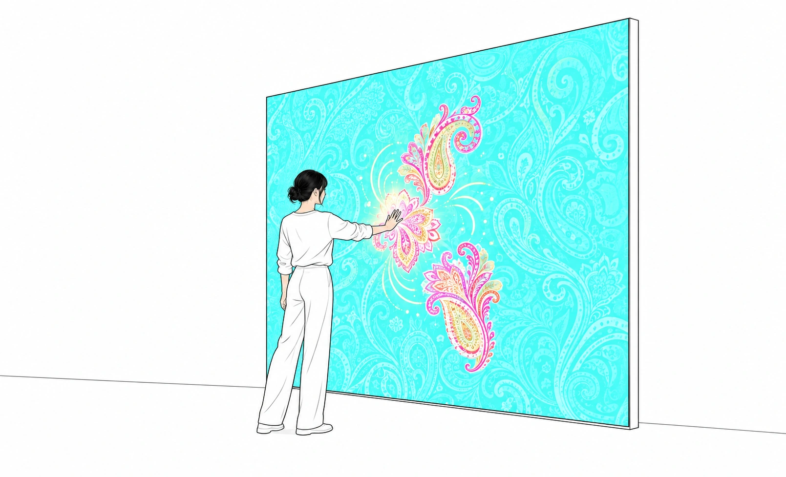 A visitor reaching out to touch the large paisley screen