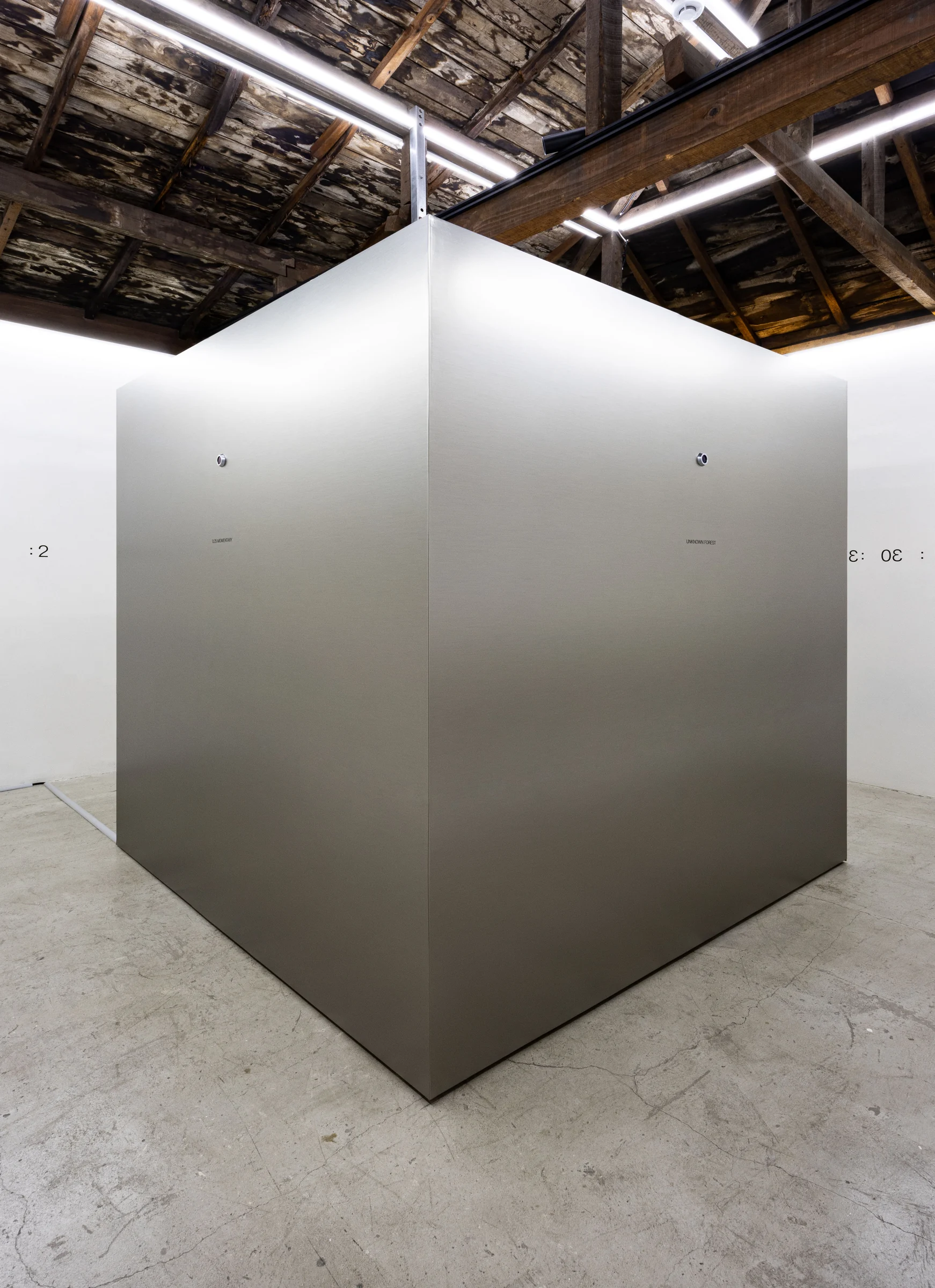 The metal cube in the center of a white room beneath a timber ceiling