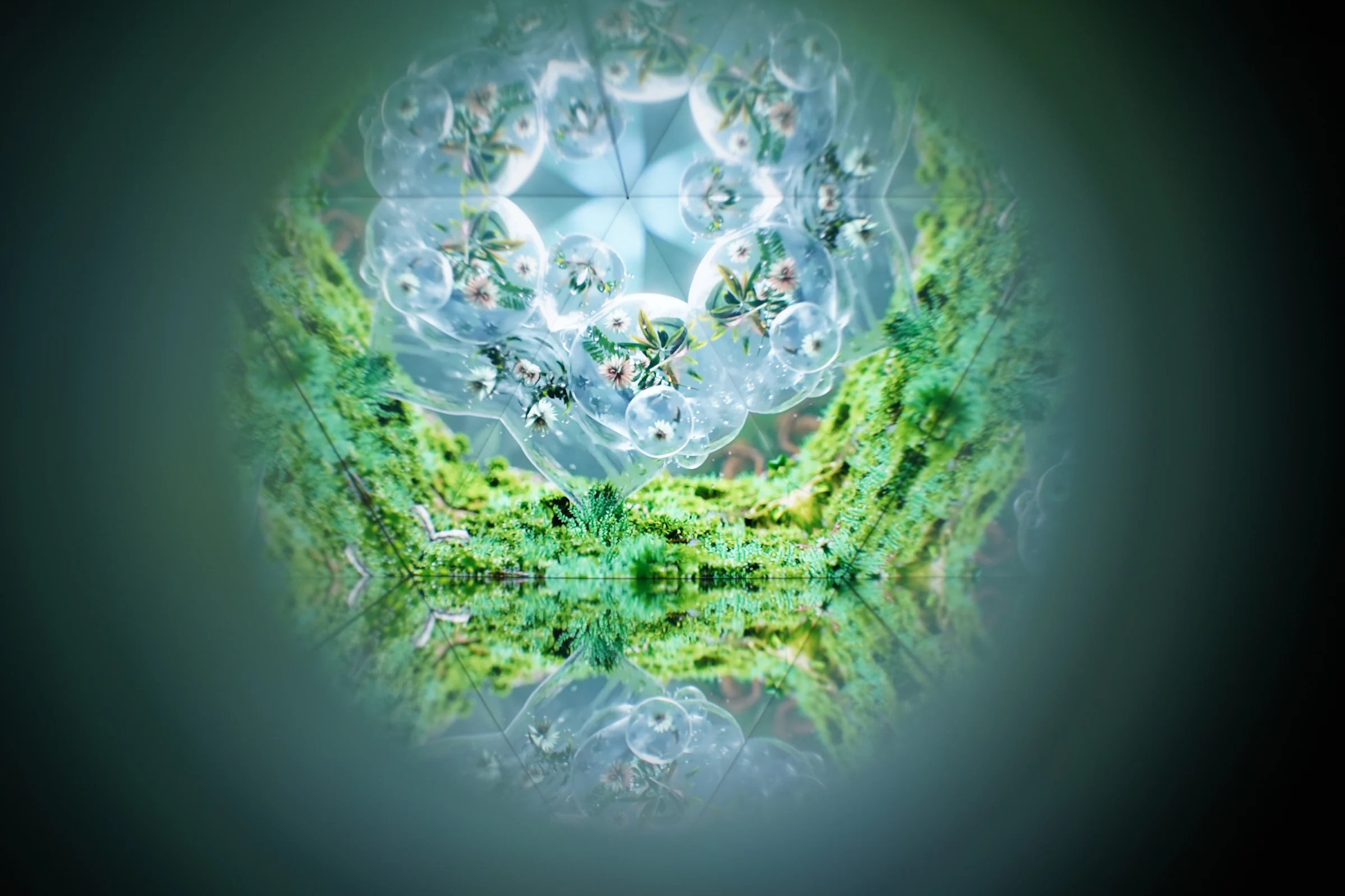 Forest scenes and transparent bubbles unfold symmetrically within the circular view.