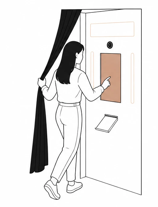 A visitor opens the curtain, enters the white booth and touches the portrait screen.