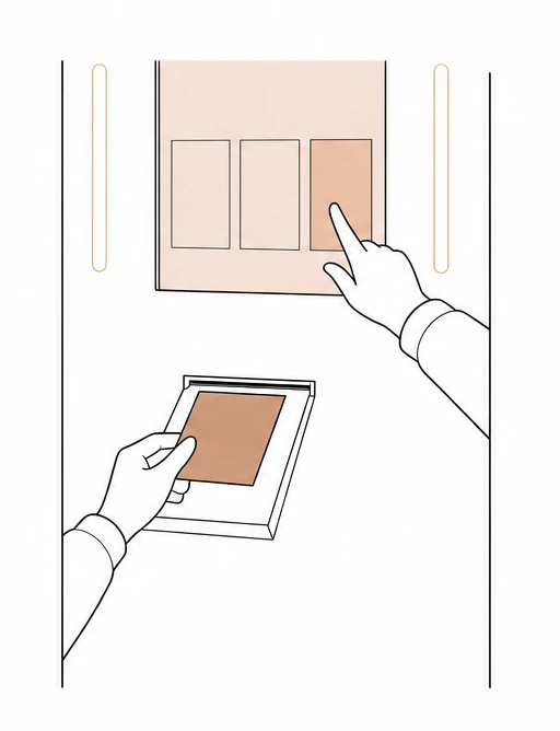 A hand selects a frame on screen and picks up a print from the tray.