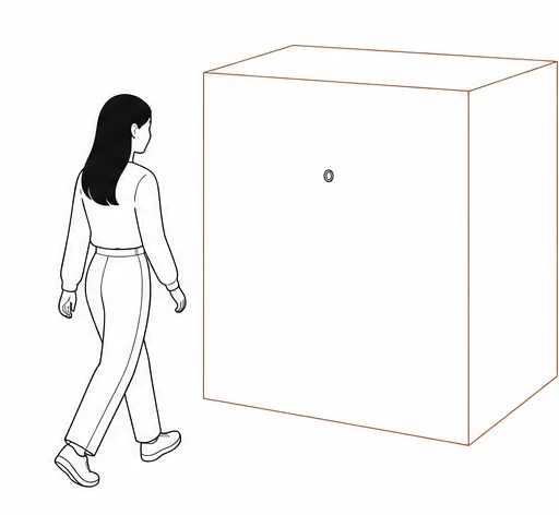 A visitor walks around the metal cube, looking for the small viewing holes.