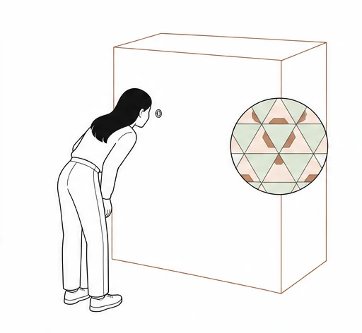 A visitor peers through a viewing hole, shown beside a hexagonal kaleidoscope pattern.