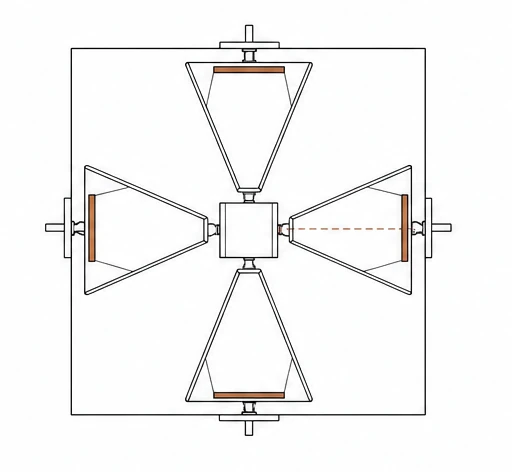 Four triangular mirror tunnels arranged in a cross inside the cube, each ending at a screen