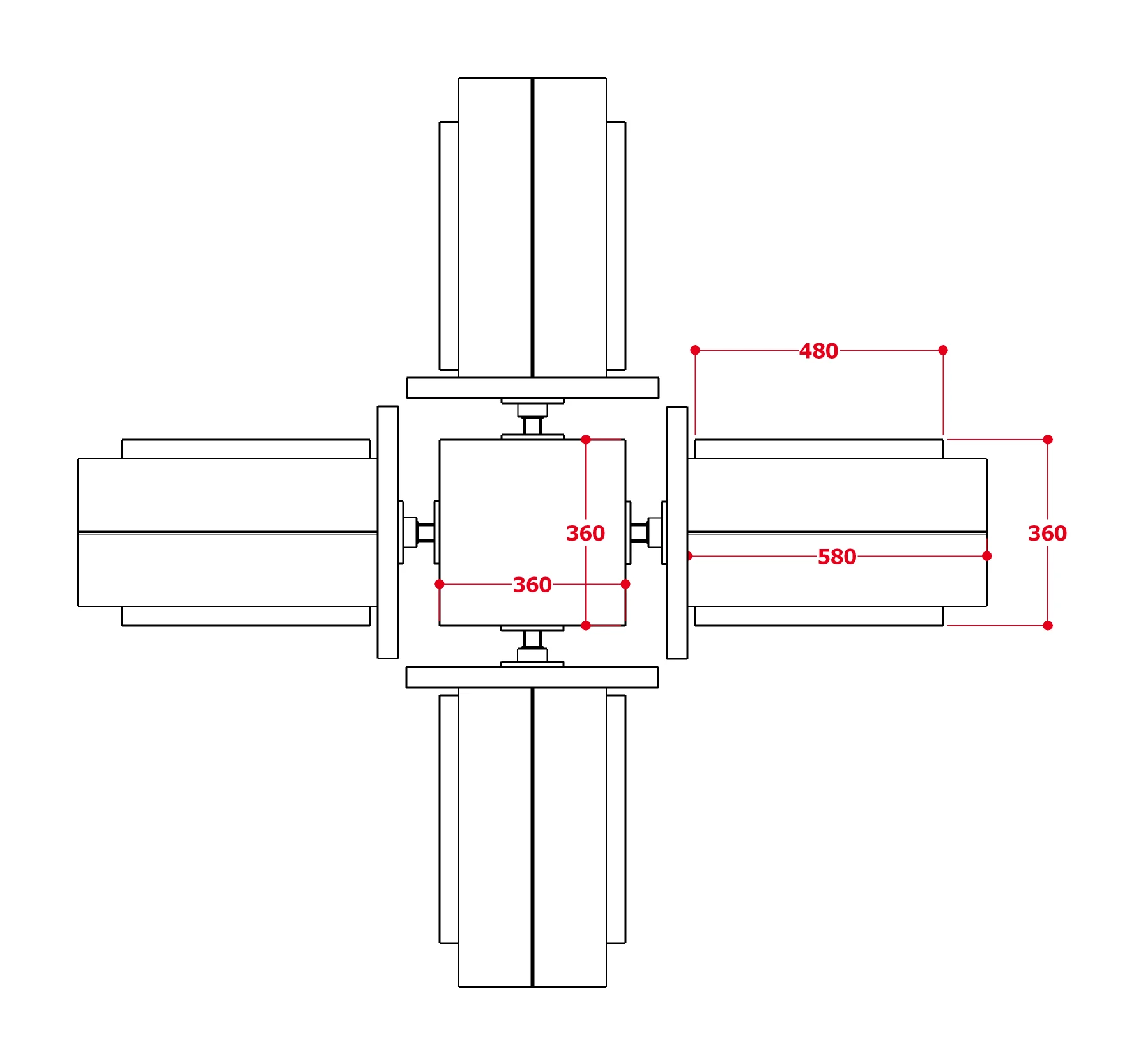 Design drawing of four units arranged in a cross inside the cube
