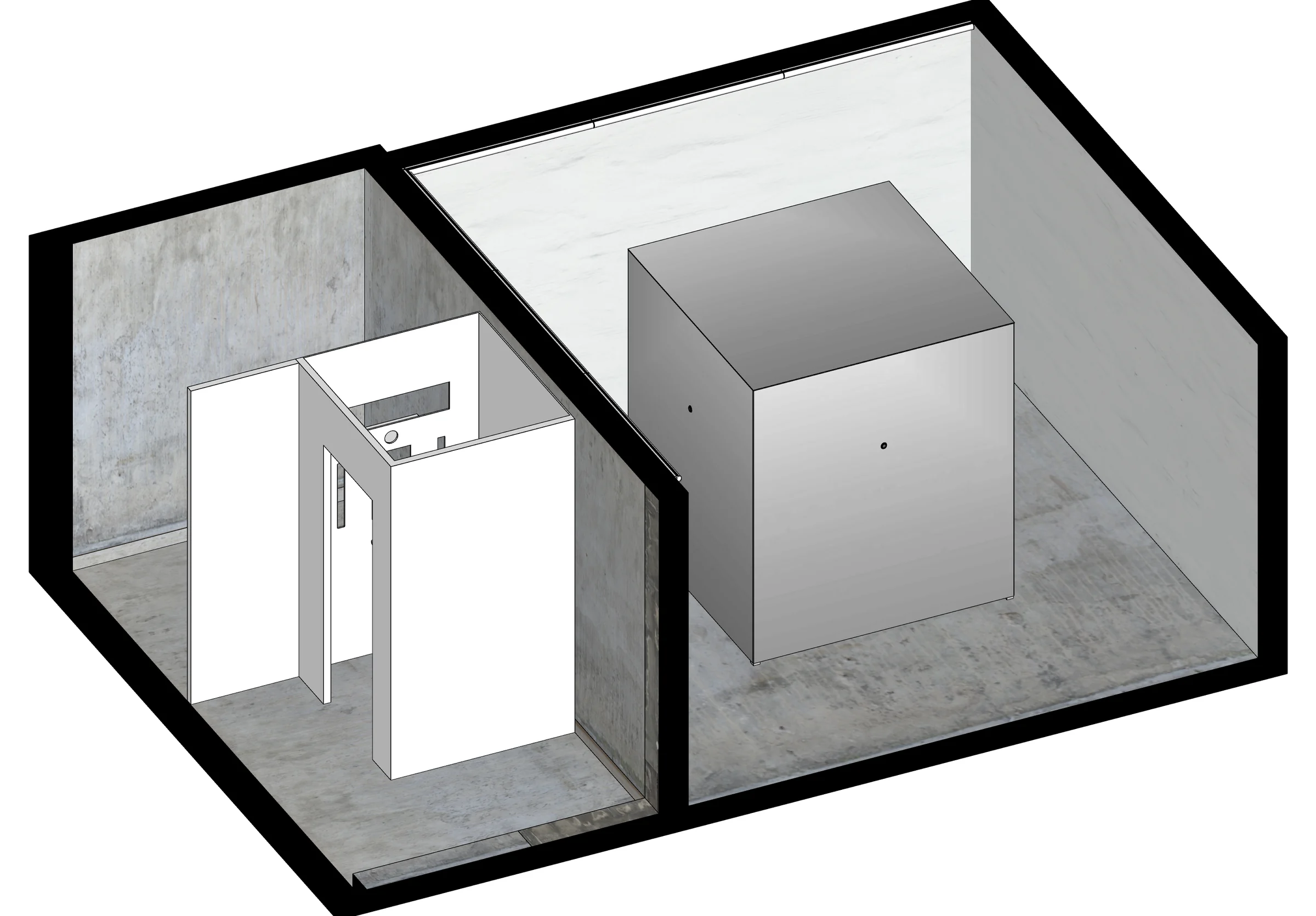 Layout model showing the photo booth and cube rooms together