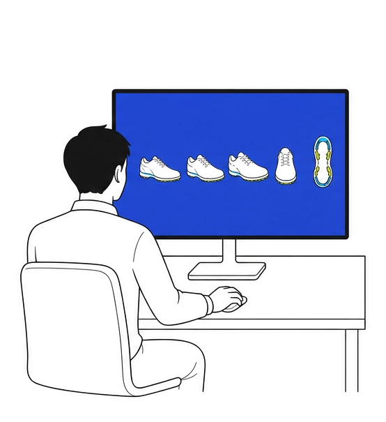 モニターの中で、側面からソールまで順に回転する靴を見る人。