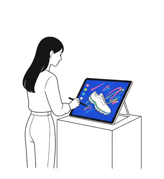 カウンターのタブレットに表示された靴に、ペンで色の線を描く参加者。