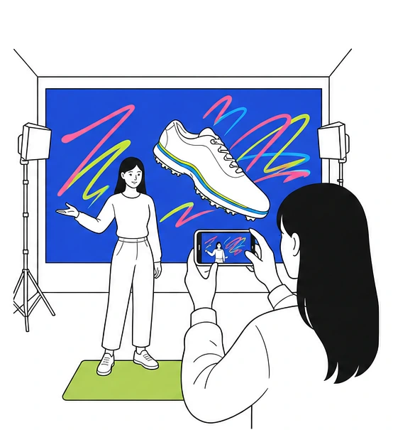 LEDウォール前でポーズを取る参加者を、友人がスマートフォンで撮影する。