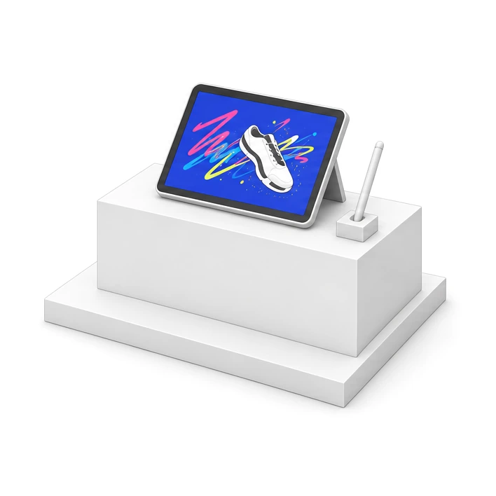 白いカウンターに斜めに置かれたペンタブレットの模型。画面に靴と色の線がある。