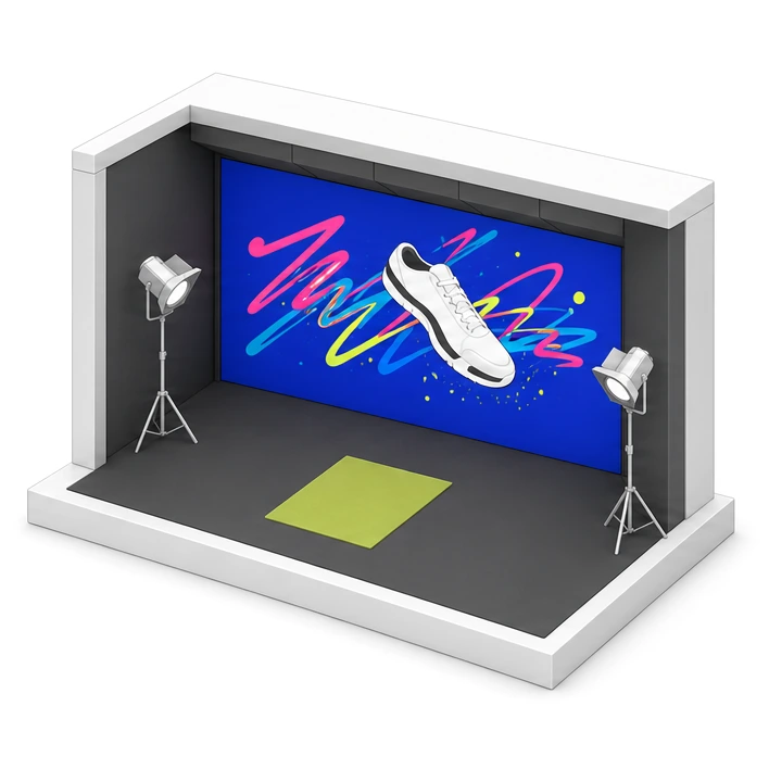 奥の壁がLED画面になった暗いフォトゾーンの模型。画面に大きな靴と色の線、床に緑のマット。