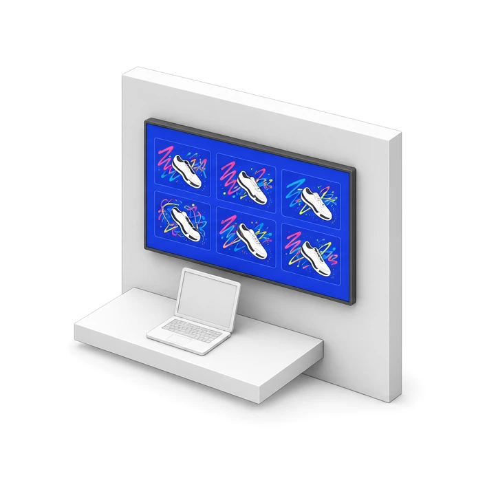 壁面モニターに6枚の小さなデザインカードが並び、下の棚にノートパソコンが置かれている。