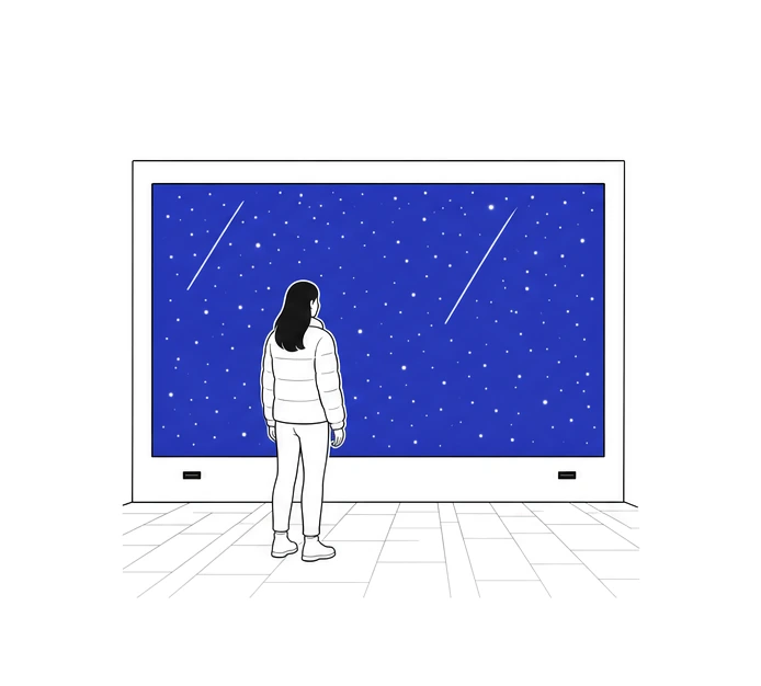 별빛이 뿌려진 넓은 남색 화면 앞에 선 방문객. 화면 아래 받침에 작은 센서 창 두 개가 있다.